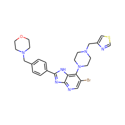 Brc1cnc2nc(-c3ccc(CN4CCOCC4)cc3)[nH]c2c1N1CCN(Cc2cscn2)CC1 ZINC000049792977