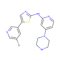 Brc1cncc(-c2cnc(Nc3cc(N4CCNCC4)ccn3)s2)c1 ZINC000034838209