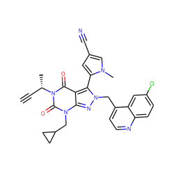 C#C[C@H](C)n1c(=O)c2c(-c3cc(C#N)cn3C)n(Cc3ccnc4ccc(Cl)cc34)nc2n(CC2CC2)c1=O ZINC000084741574