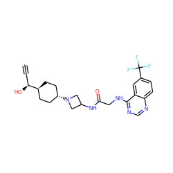 C#C[C@H](O)[C@H]1CC[C@H](N2CC(NC(=O)CNc3ncnc4ccc(C(F)(F)F)cc34)C2)CC1 ZINC000149152812