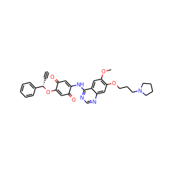 C#C[C@H](OC1=CC(=O)C(Nc2ncnc3cc(OCCCN4CCCC4)c(OC)cc23)=CC1=O)c1ccccc1 ZINC000136432041