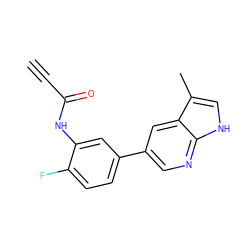 C#CC(=O)Nc1cc(-c2cnc3[nH]cc(C)c3c2)ccc1F ZINC000220896933