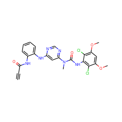 C#CC(=O)Nc1ccccc1Nc1cc(N(C)C(=O)Nc2c(Cl)c(OC)cc(OC)c2Cl)ncn1 ZINC001772645511