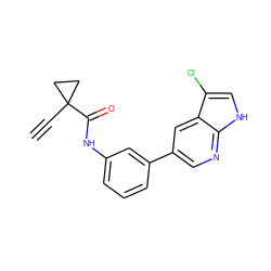 C#CC1(C(=O)Nc2cccc(-c3cnc4[nH]cc(Cl)c4c3)c2)CC1 ZINC000221058170