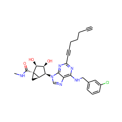 C#CCCCC#Cc1nc(NCc2cccc(Cl)c2)c2ncn([C@@H]3[C@H](O)[C@H](O)[C@]4(C(=O)NC)C[C@H]34)c2n1 ZINC000049762011