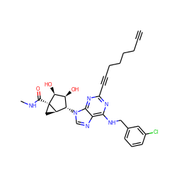 C#CCCCCC#Cc1nc(NCc2cccc(Cl)c2)c2ncn([C@H]3[C@H](O)[C@H](O)[C@]4(C(=O)NC)C[C@H]34)c2n1 ZINC000049766647