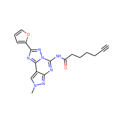 C#CCCCCC(=O)Nc1nc2nn(C)cc2c2nc(-c3ccco3)nn12 ZINC000224303179