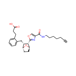 C#CCCCCCNC(=O)c1coc([C@@H]2[C@H]3CC[C@@H](O3)[C@@H]2Cc2ccccc2CCC(=O)O)n1 ZINC000169365469