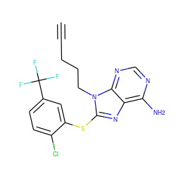 C#CCCCn1c(Sc2cc(C(F)(F)F)ccc2Cl)nc2c(N)ncnc21 ZINC000013642769