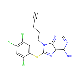 C#CCCCn1c(Sc2cc(Cl)c(Cl)cc2Cl)nc2c(N)ncnc21 ZINC000013642775