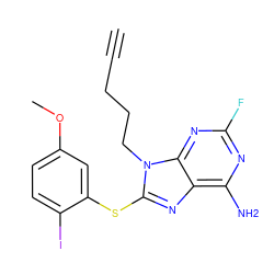 C#CCCCn1c(Sc2cc(OC)ccc2I)nc2c(N)nc(F)nc21 ZINC000013679907