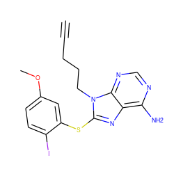 C#CCCCn1c(Sc2cc(OC)ccc2I)nc2c(N)ncnc21 ZINC000013642767