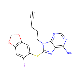 C#CCCCn1c(Sc2cc3c(cc2I)OCO3)nc2c(N)ncnc21 ZINC000013679199