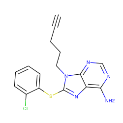 C#CCCCn1c(Sc2ccccc2Cl)nc2c(N)ncnc21 ZINC000013642738