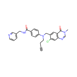 C#CCCN(Cc1cc2c(=O)n(C)cnc2cc1Cl)c1ccc(C(=O)NCc2cccnc2)cc1 ZINC000072107659