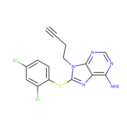 C#CCCn1c(Sc2ccc(Cl)cc2Cl)nc2c(N)ncnc21 ZINC000299869670