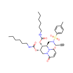 C#CCN(C[C@@H]1[C@@H](OC(=O)NCCCCCC)[C@@H](OC(=O)NCCCCCC)Cn2c(=O)ccc(=O)n21)S(=O)(=O)c1ccc(C)cc1 ZINC000072139217