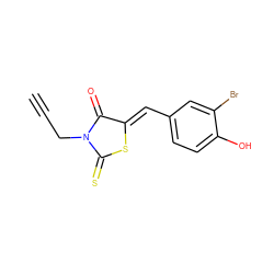 C#CCN1C(=O)/C(=C/c2ccc(O)c(Br)c2)SC1=S ZINC000084635022