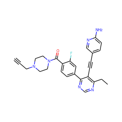 C#CCN1CCN(C(=O)c2ccc(-c3ncnc(CC)c3C#Cc3ccc(N)nc3)cc2F)CC1 ZINC000167414650