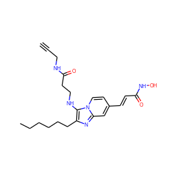 C#CCNC(=O)CCNc1c(CCCCCC)nc2cc(/C=C/C(=O)NO)ccn12 ZINC000136807657