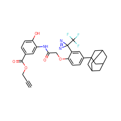 C#CCOC(=O)c1ccc(O)c(NC(=O)COc2ccc(C34CC5CC(CC(C5)C3)C4)cc2C2(C(F)(F)F)N=N2)c1 ZINC000205776953