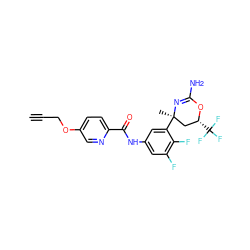 C#CCOc1ccc(C(=O)Nc2cc(F)c(F)c([C@]3(C)C[C@@H](C(F)(F)F)OC(N)=N3)c2)nc1 ZINC000223526470