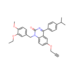 C#CCOc1ccc2c(c1)c(-c1ccc(C(C)C)cc1)nc(=O)n2Cc1ccc(OC)c(OCC)c1 ZINC000045355238