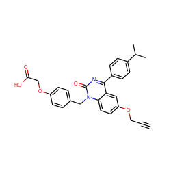 C#CCOc1ccc2c(c1)c(-c1ccc(C(C)C)cc1)nc(=O)n2Cc1ccc(OCC(=O)O)cc1 ZINC000045392500