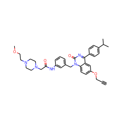 C#CCOc1ccc2c(c1)c(-c1ccc(C(C)C)cc1)nc(=O)n2Cc1cccc(NC(=O)CN2CCN(CCOC)CC2)c1 ZINC000049746578