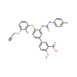 C#CCOc1cccc(Oc2ccc(-c3ccc(OC)c(C(=O)O)c3)cc2NC(=O)Nc2ccc(C)cc2)c1C ZINC001772657767