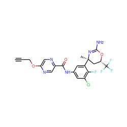 C#CCOc1cnc(C(=O)Nc2cc(Cl)c(F)c([C@]3(C)C[C@@H](C(F)(F)F)OC(N)=N3)c2)cn1 ZINC000223553896