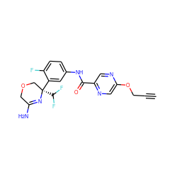 C#CCOc1cnc(C(=O)Nc2ccc(F)c([C@]3(C(F)F)COCC(N)=N3)c2)cn1 ZINC000113660080