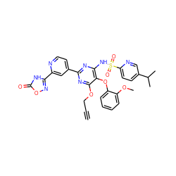 C#CCOc1nc(-c2ccnc(-c3noc(=O)[nH]3)c2)nc(NS(=O)(=O)c2ccc(C(C)C)cn2)c1Oc1ccccc1OC ZINC000003944038