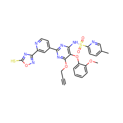 C#CCOc1nc(-c2ccnc(-c3noc(S)n3)c2)nc(NS(=O)(=O)c2ccc(C)cn2)c1Oc1ccccc1OC ZINC000028017936