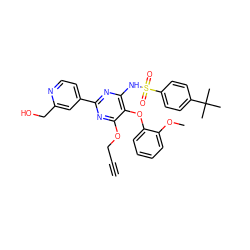 C#CCOc1nc(-c2ccnc(CO)c2)nc(NS(=O)(=O)c2ccc(C(C)(C)C)cc2)c1Oc1ccccc1OC ZINC000028089049