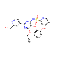 C#CCOc1nc(-c2ccnc(CO)c2)nc(NS(=O)(=O)c2ccc(C)cn2)c1Oc1ccccc1OC ZINC000028019373