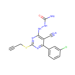 C#CCSc1nc(NNC(N)=O)c(C#N)c(-c2cccc(Cl)c2)n1 ZINC000215894965