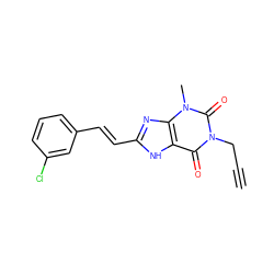 C#CCn1c(=O)c2[nH]c(/C=C/c3cccc(Cl)c3)nc2n(C)c1=O ZINC000013776401