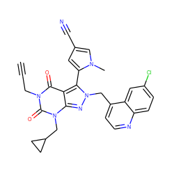 C#CCn1c(=O)c2c(-c3cc(C#N)cn3C)n(Cc3ccnc4ccc(Cl)cc34)nc2n(CC2CC2)c1=O ZINC000068045307