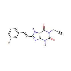 C#CCn1c(=O)c2c(nc(/C=C/c3cccc(Br)c3)n2C)n(C)c1=O ZINC000013776417