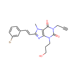 C#CCn1c(=O)c2c(nc(/C=C/c3cccc(Br)c3)n2C)n(CCCO)c1=O ZINC000013804955