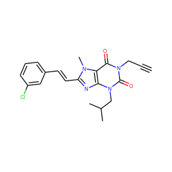 C#CCn1c(=O)c2c(nc(/C=C/c3cccc(Cl)c3)n2C)n(CC(C)C)c1=O ZINC000013776409