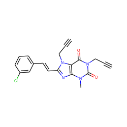 C#CCn1c(=O)c2c(nc(/C=C/c3cccc(Cl)c3)n2CC#C)n(C)c1=O ZINC000013776414