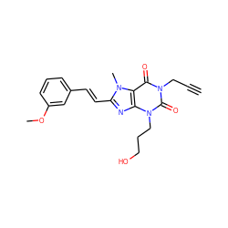 C#CCn1c(=O)c2c(nc(/C=C/c3cccc(OC)c3)n2C)n(CCCO)c1=O ZINC000003822842