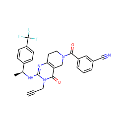 C#CCn1c(N[C@@H](C)c2ccc(C(F)(F)F)cc2)nc2c(c1=O)CN(C(=O)c1cccc(C#N)c1)CC2 ZINC000113857734