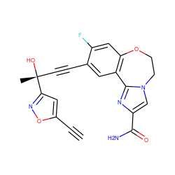 C#Cc1cc([C@](C)(O)C#Cc2cc3c(cc2F)OCCn2cc(C(N)=O)nc2-3)no1 ZINC000215750198