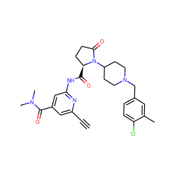 C#Cc1cc(C(=O)N(C)C)cc(NC(=O)[C@H]2CCC(=O)N2C2CCN(Cc3ccc(Cl)c(C)c3)CC2)n1 ZINC000116815740