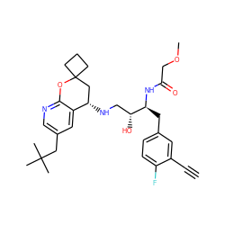 C#Cc1cc(C[C@H](NC(=O)COC)[C@H](O)CN[C@H]2CC3(CCC3)Oc3ncc(CC(C)(C)C)cc32)ccc1F ZINC000095578199