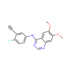 C#Cc1cc(Nc2ncnc3cc(OC)c(OC)cc23)ccc1F ZINC000026182208