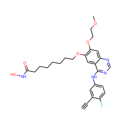 C#Cc1cc(Nc2ncnc3cc(OCCOC)c(OCCCCCCCC(=O)NO)cc23)ccc1F ZINC001772655662